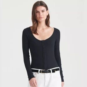Naadam Ribbed Modal Cashmere Henley Bodysuit in Black